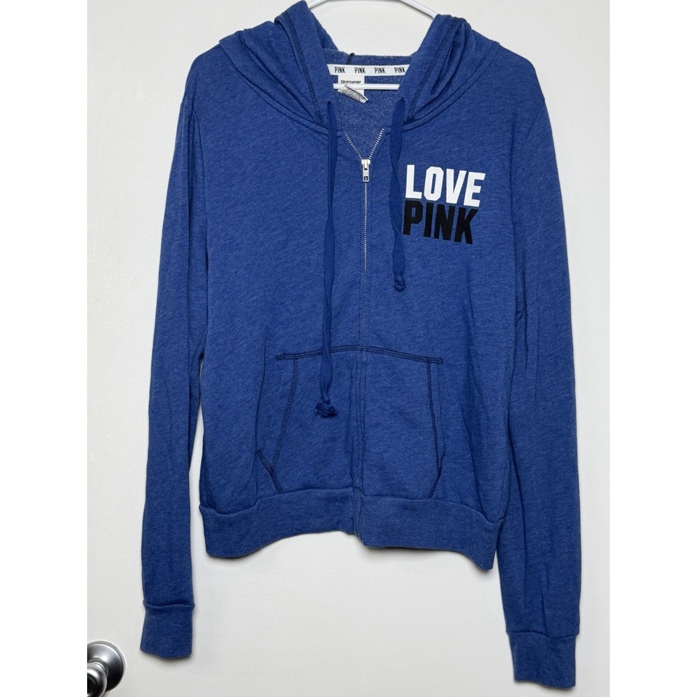 Victorias Secret Pink Blue Full zip Hoodie Large Y2K Collegiate